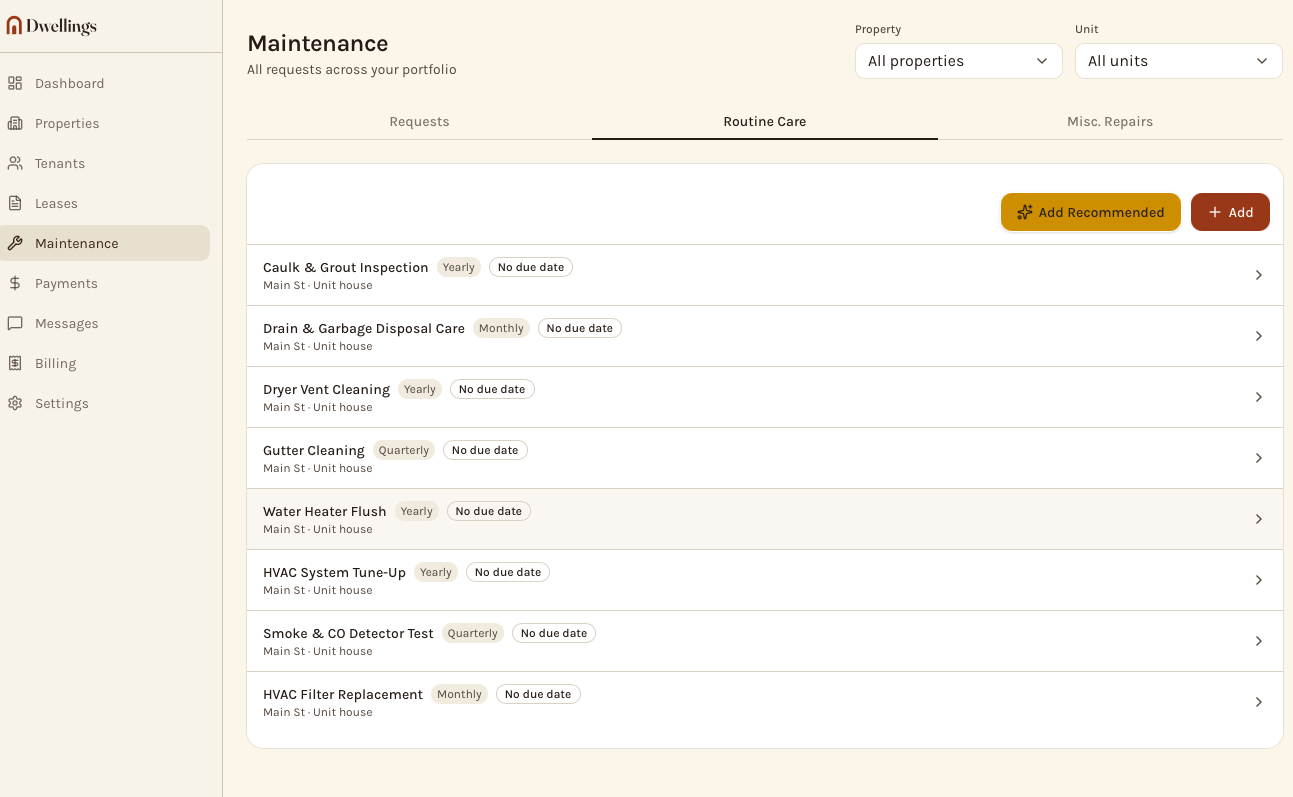 The Dwellings maintenance screen showing a routine-care checklist for a property