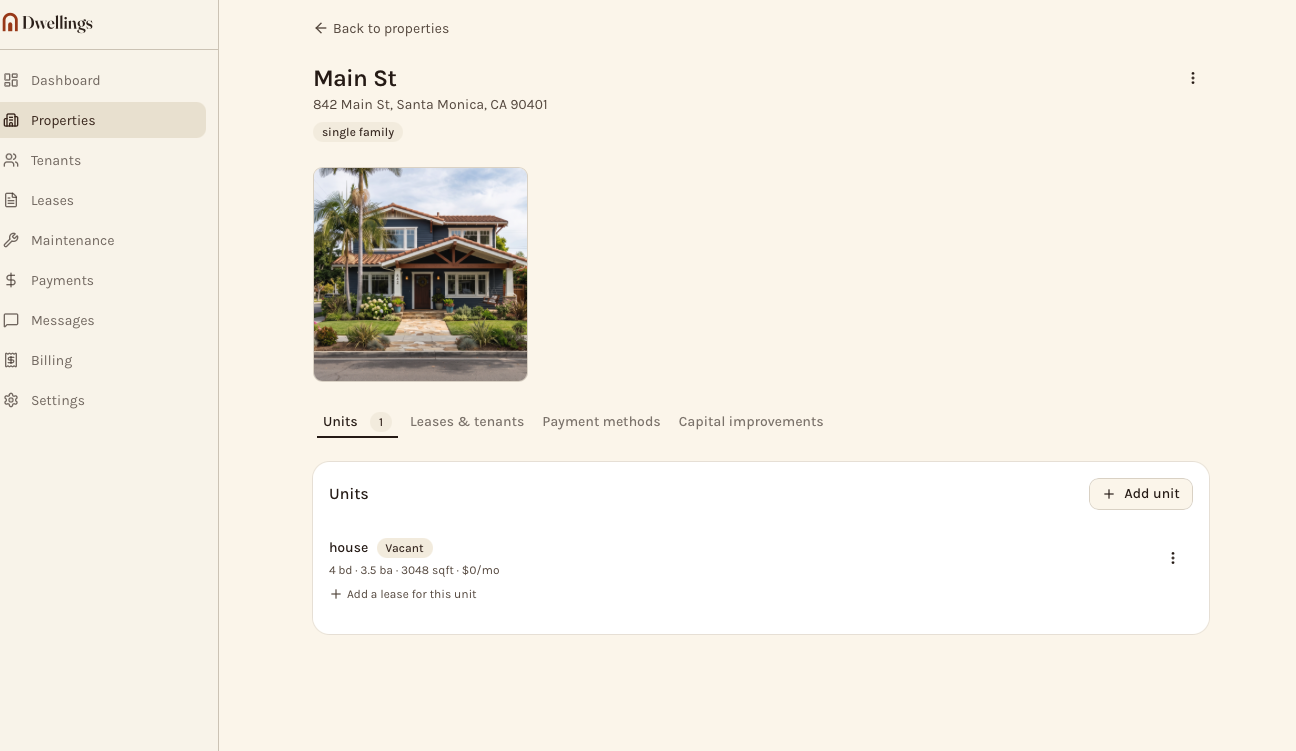 The Dwellings property detail screen showing a unit with its lease and payment tabs